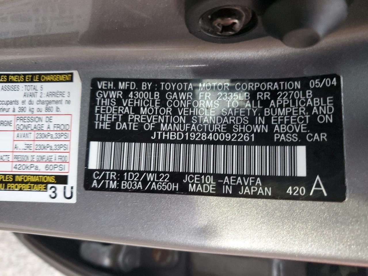 2004 Lexus Is 300 VIN: JTHBD192840092261 Lot: 92601375