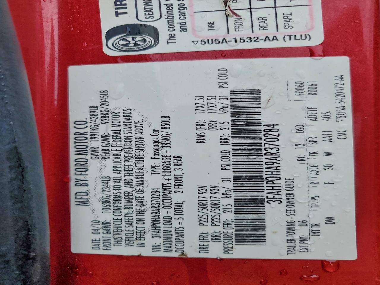 2010 Ford Fusion Se VIN: 3FAHP0HA9AR370284 Lot: 90673365