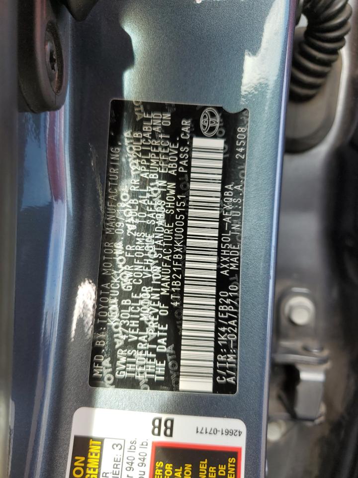 2019 Toyota Avalon Xle VIN: 4T1B21FBXKU005151 Lot: 93529775