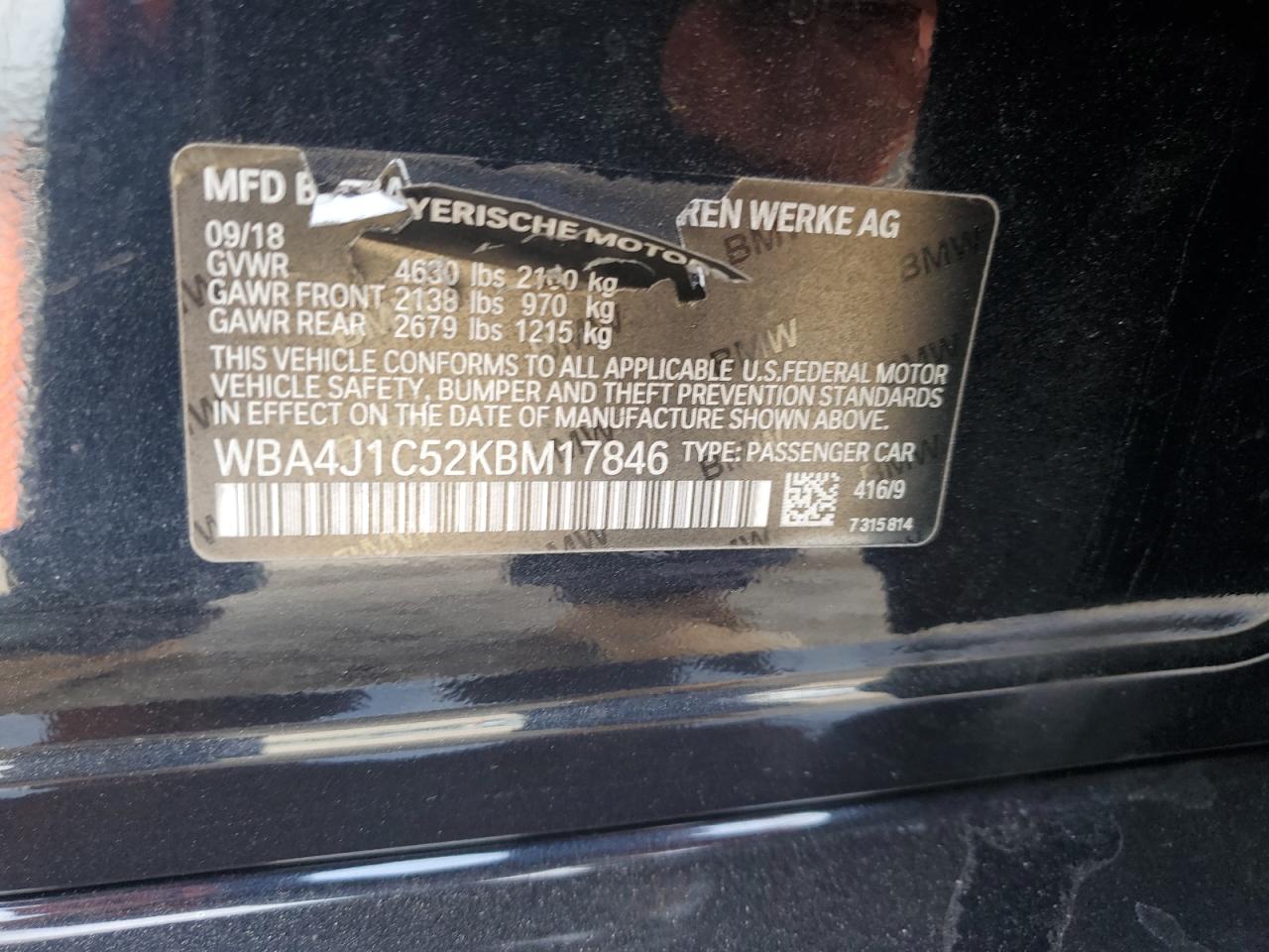 2019 BMW 430I Gran Coupe VIN: WBA4J1C52KBM17846 Lot: 92475135