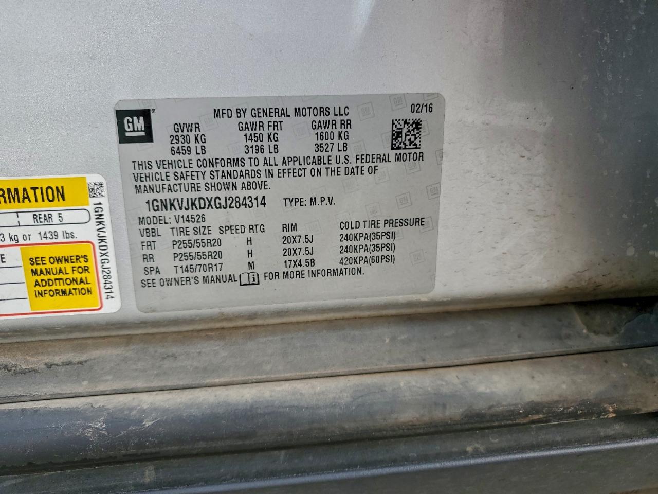 2016 Chevrolet Traverse Ltz VIN: 1GNKVJKDXGJ284314 Lot: 94734735