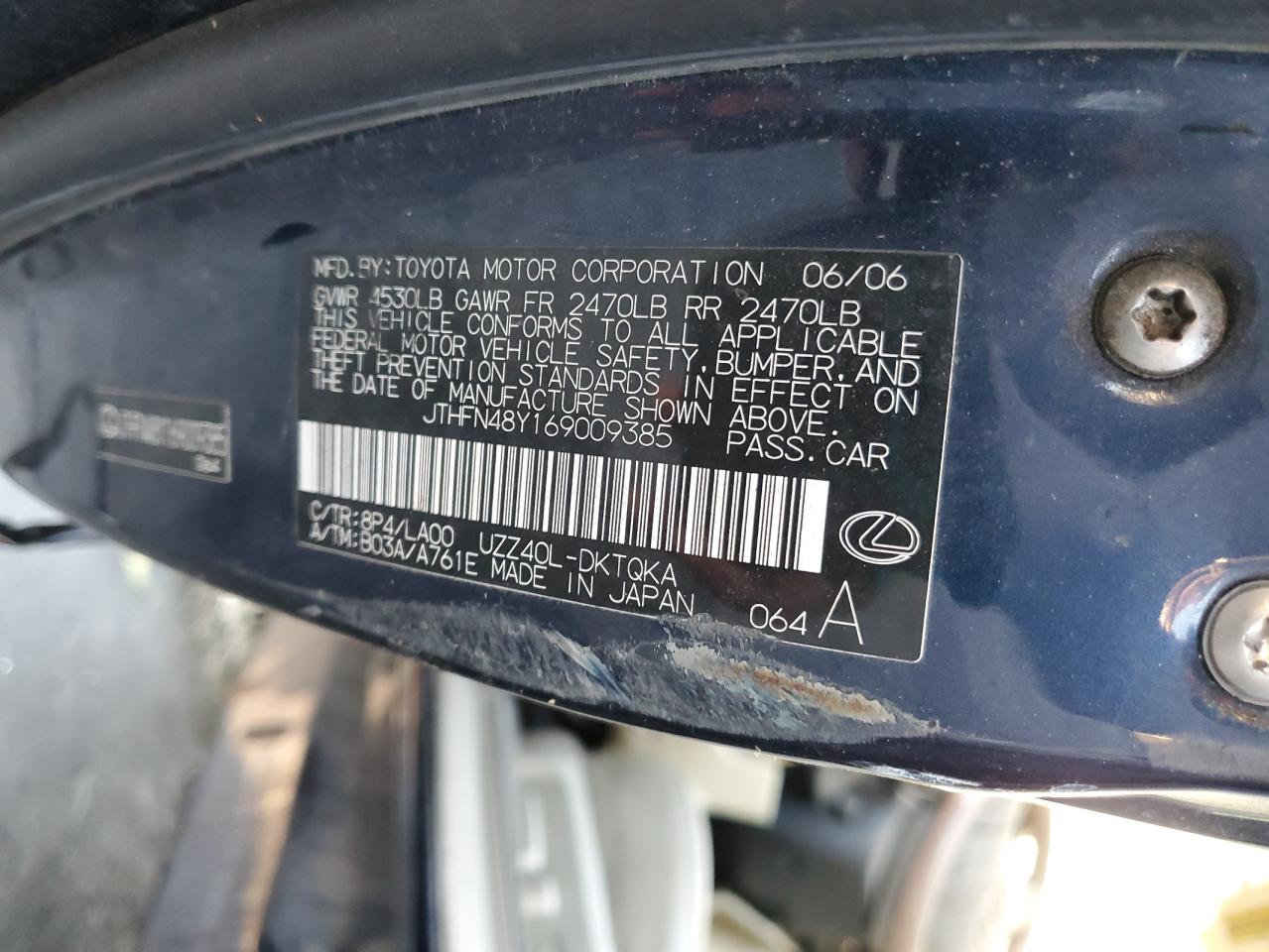 2006 Lexus Sc 430 VIN: JTHFN48Y169009385 Lot: 91927705