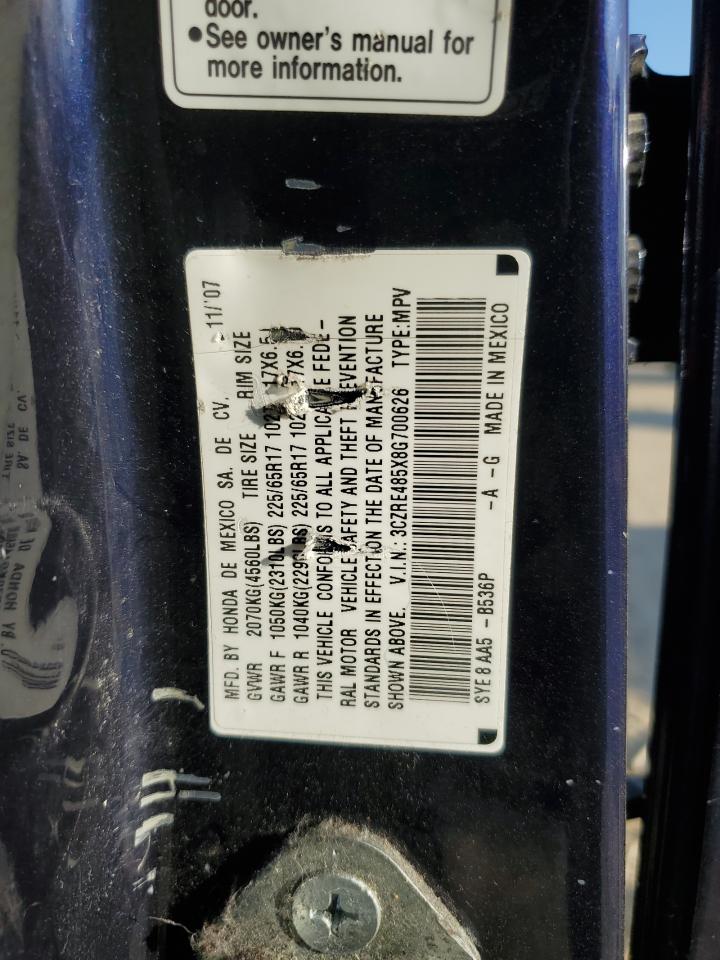 2008 Honda Cr-V Ex VIN: 3CZRE485X8G700626 Lot: 91259965