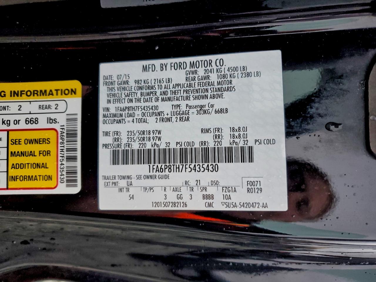 2015 Ford Mustang VIN: 1FA6P8TH7F5435430 Lot: 94257545