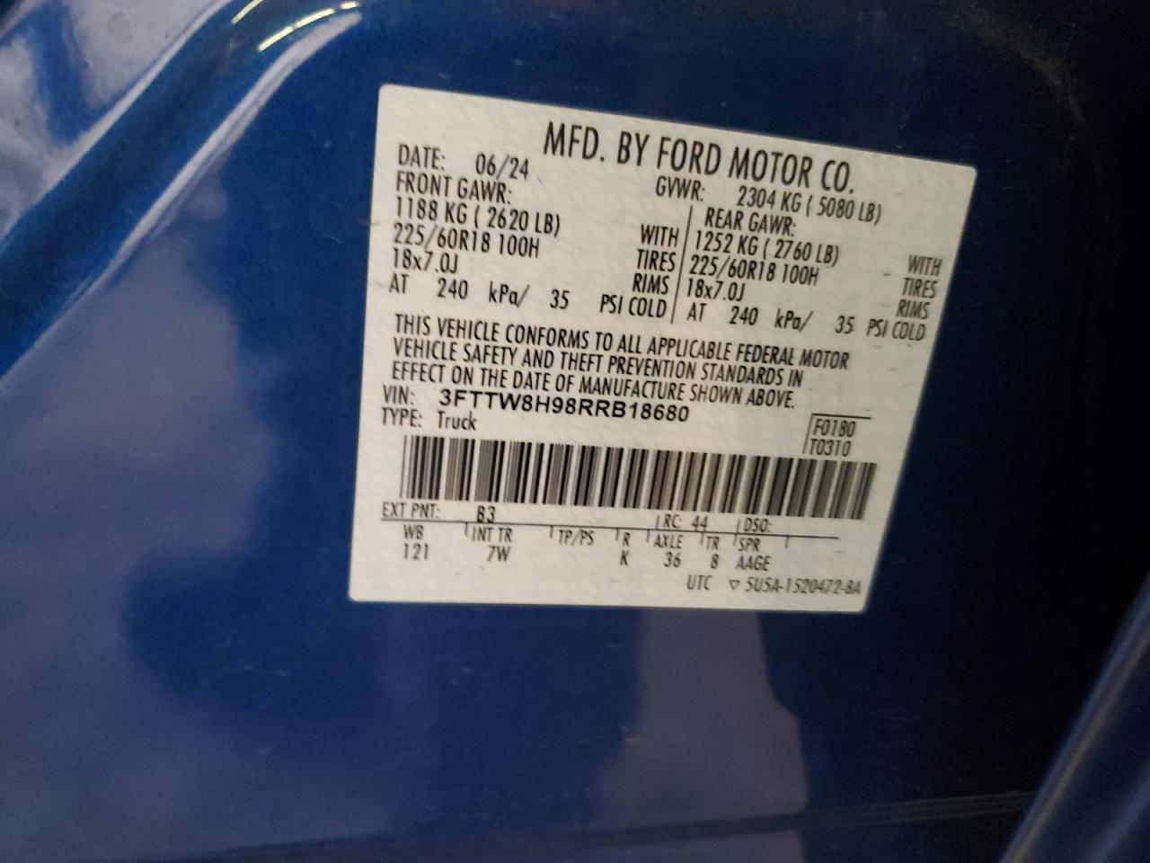 2024 Ford Maverick Xlt VIN: 3FTTW8H98RRB18680 Lot: 92341575