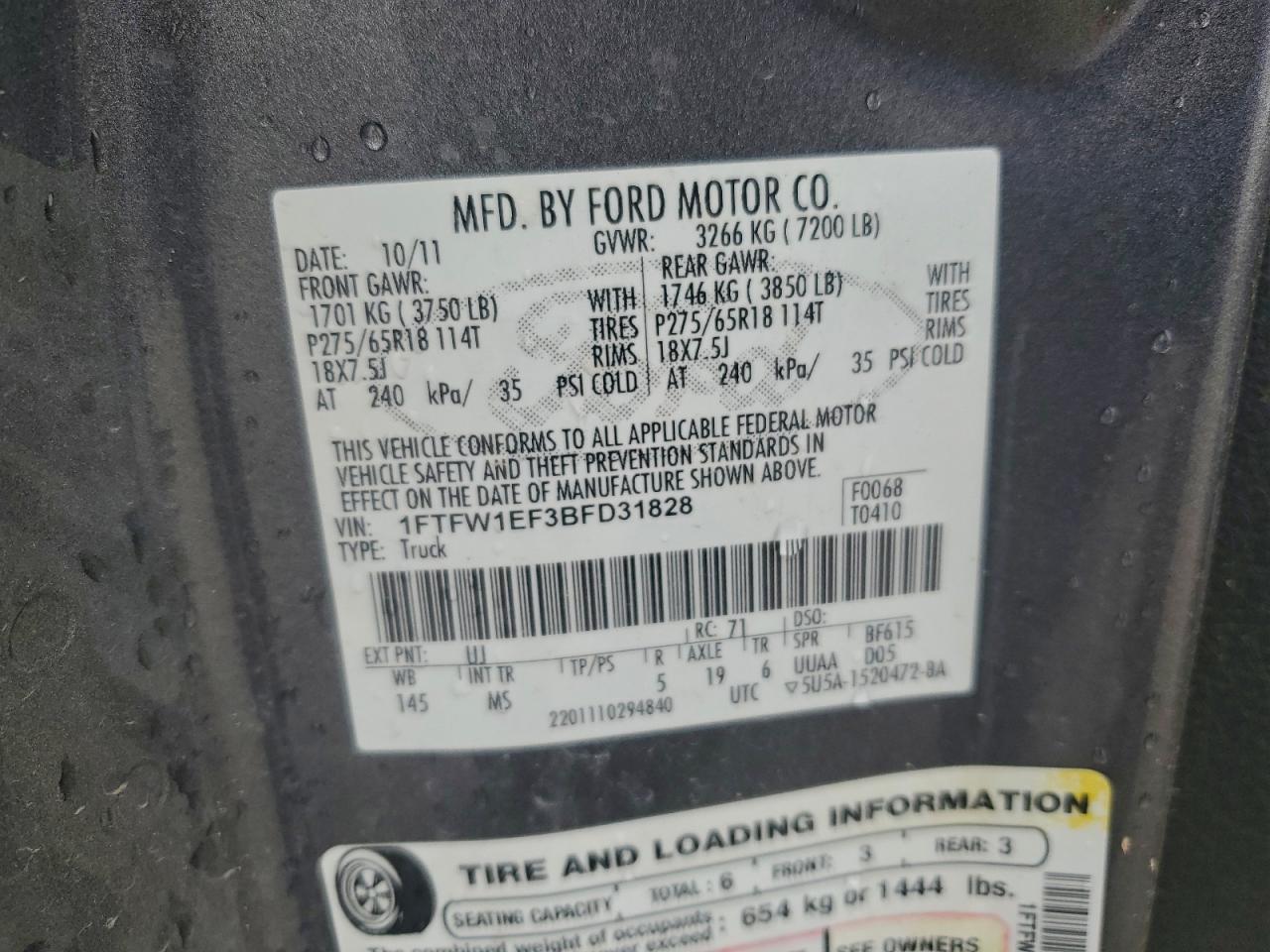 2011 Ford F150 Supercrew VIN: 1FTFW1EF3BFD31828 Lot: 92993595