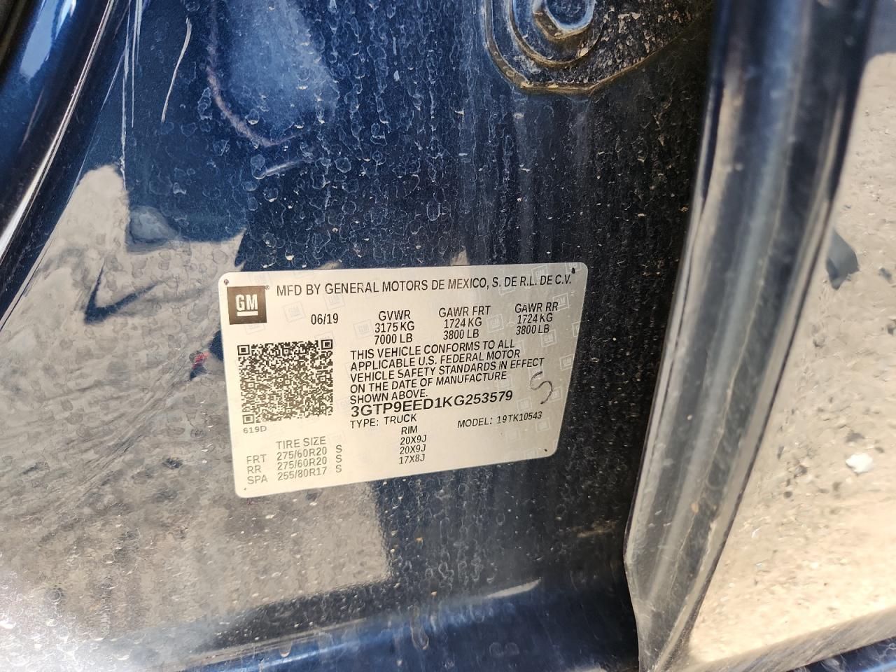 2019 GMC Sierra K1500 At4 VIN: 3GTP9EED1KG253579 Lot: 91652675