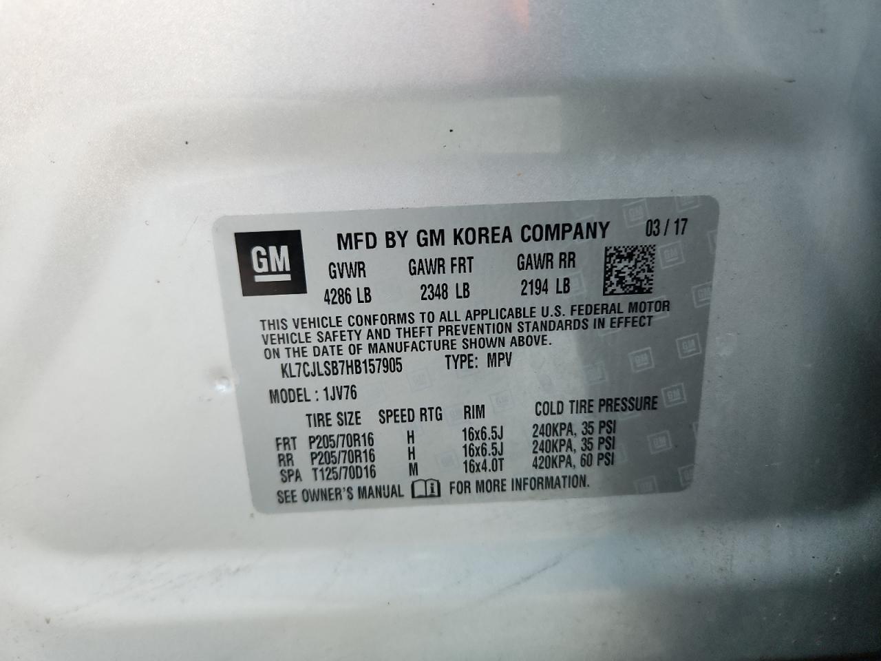 2017 Chevrolet Trax 1Lt VIN: KL7CJLSB7HB157905 Lot: 91140345