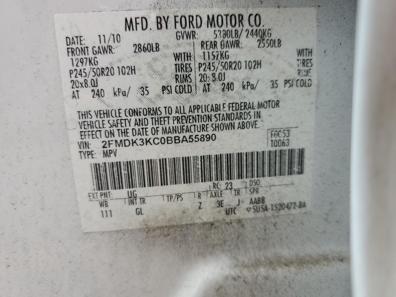 2011 Ford Edge Limited VIN: 2FMDK3KC0BBA55890 Lot: 93135115