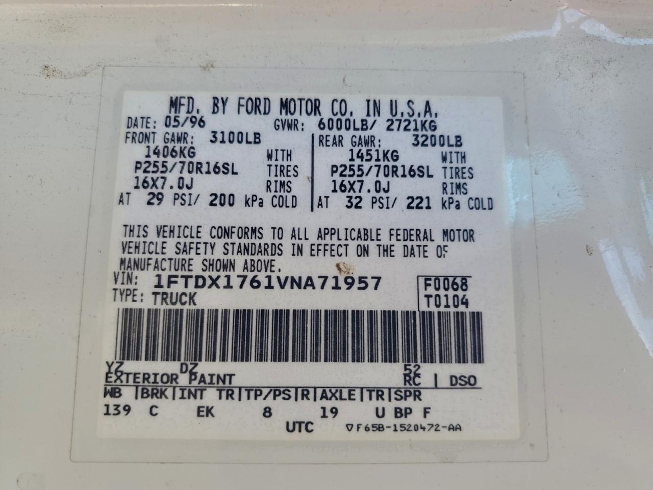 1997 Ford F150 VIN: 1FTDX1761VNA71957 Lot: 93619245