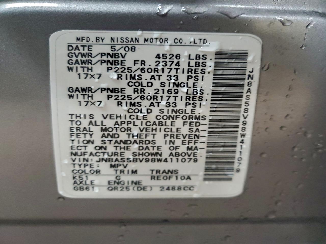 2008 Nissan Rogue S VIN: JN8AS58V98W411079 Lot: 93451025