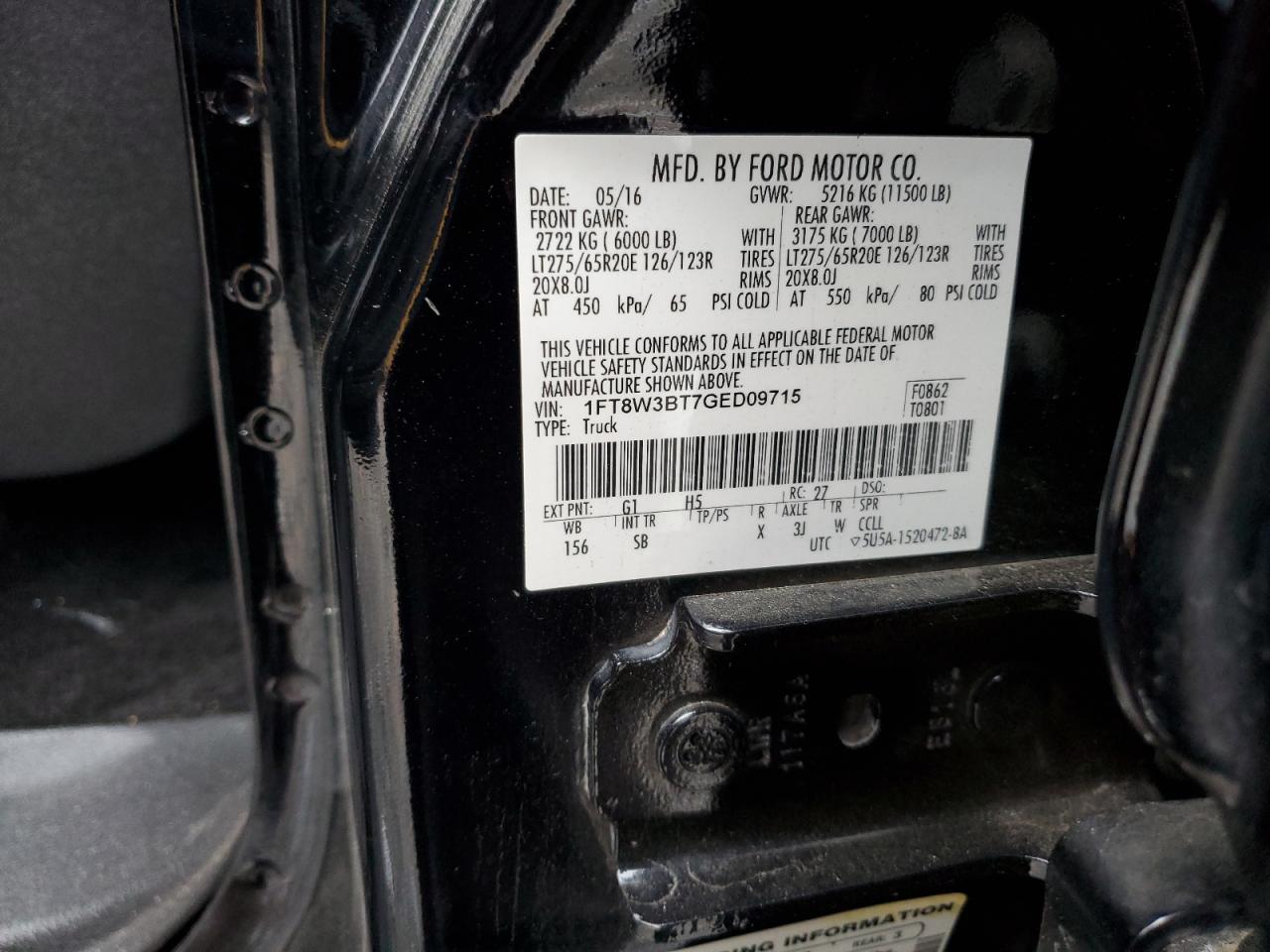 2016 Ford F350 Super Duty VIN: 1FT8W3BT7GED09715 Lot: 91476145