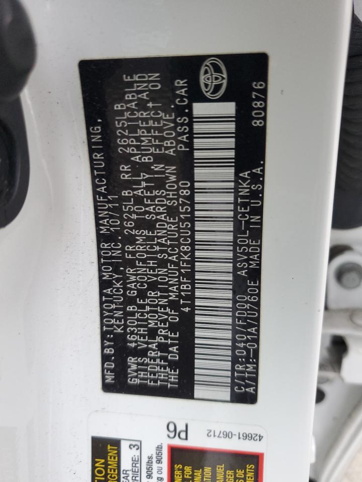 2012 Toyota Camry Base VIN: 4T1BF1FK8CU515780 Lot: 92356255