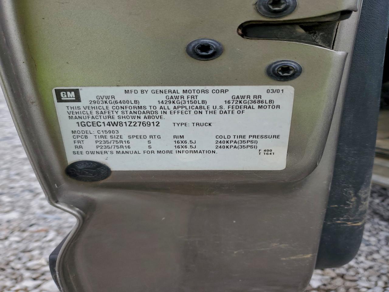2001 Chevrolet Silverado C1500 VIN: 1GCEC14W81Z276912 Lot: 94630035