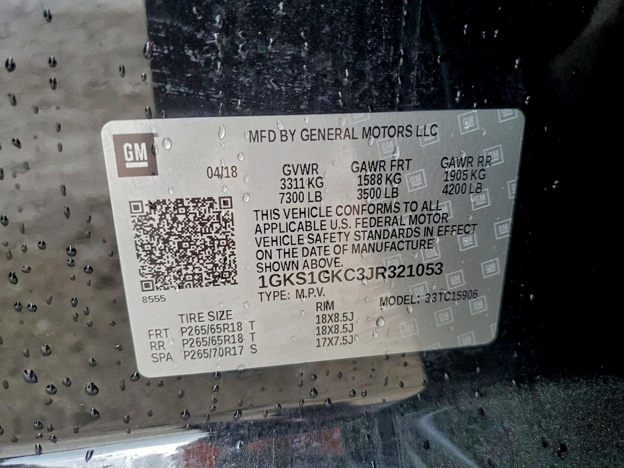 2018 GMC Yukon Xl C1500 Slt VIN: 1GKS1GKC3JR321053 Lot: 94319085