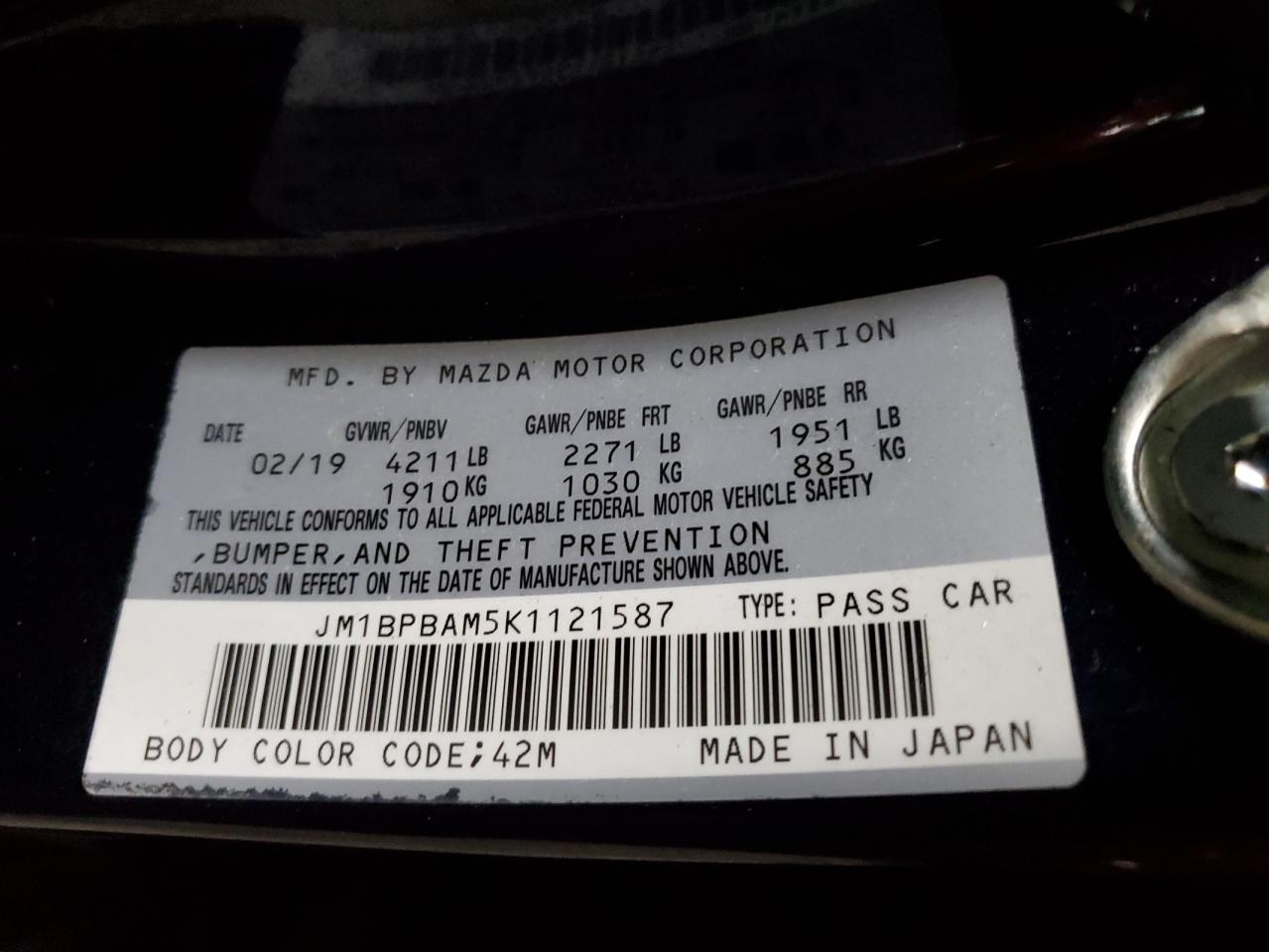 2019 Mazda 3 Select VIN: JM1BPBAM5K1121587 Lot: 92586025