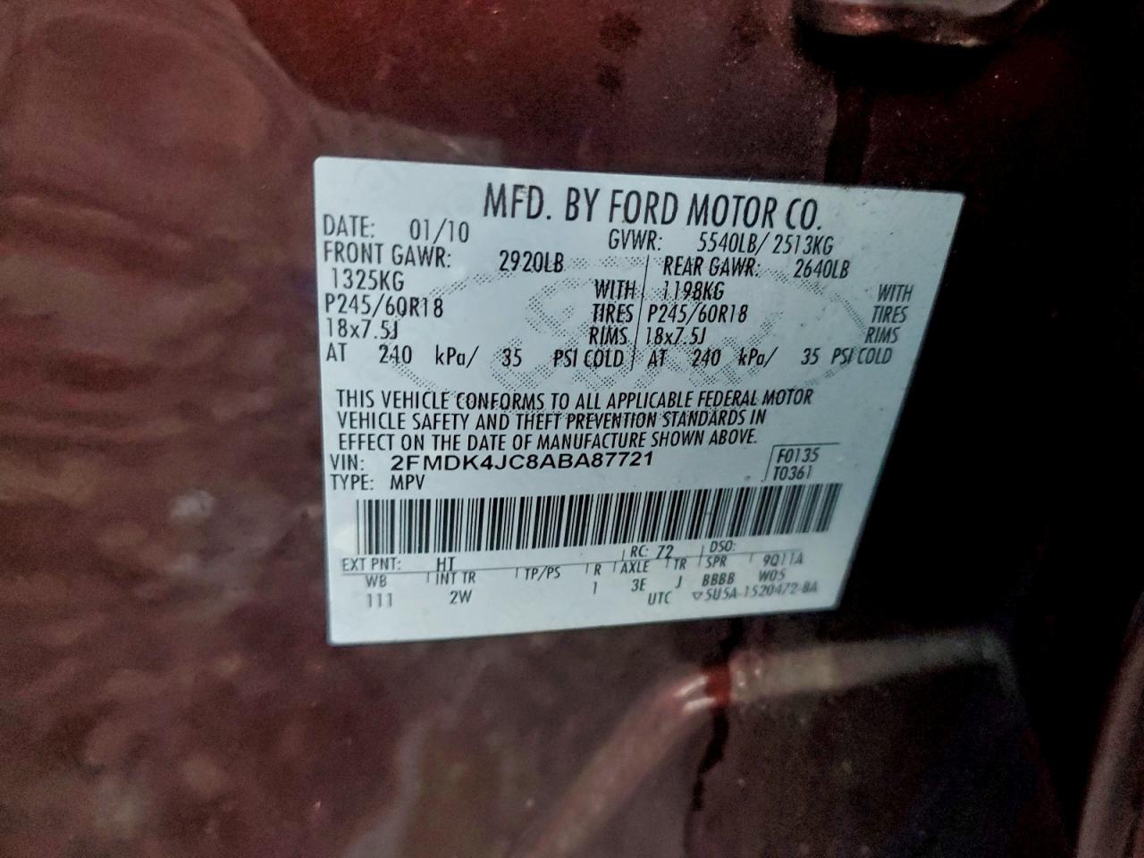 2010 Ford Edge Sel VIN: 2FMDK4JC8ABA87721 Lot: 94235695