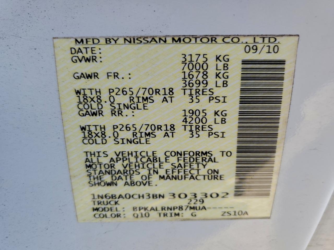 2011 Nissan Titan S VIN: 1N6BA0CH3BN303302 Lot: 93667935