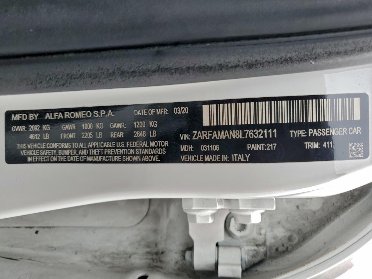 2020 Alfa Romeo Giulia VIN: ZARFAMAN8L7632111 Lot: 94140145