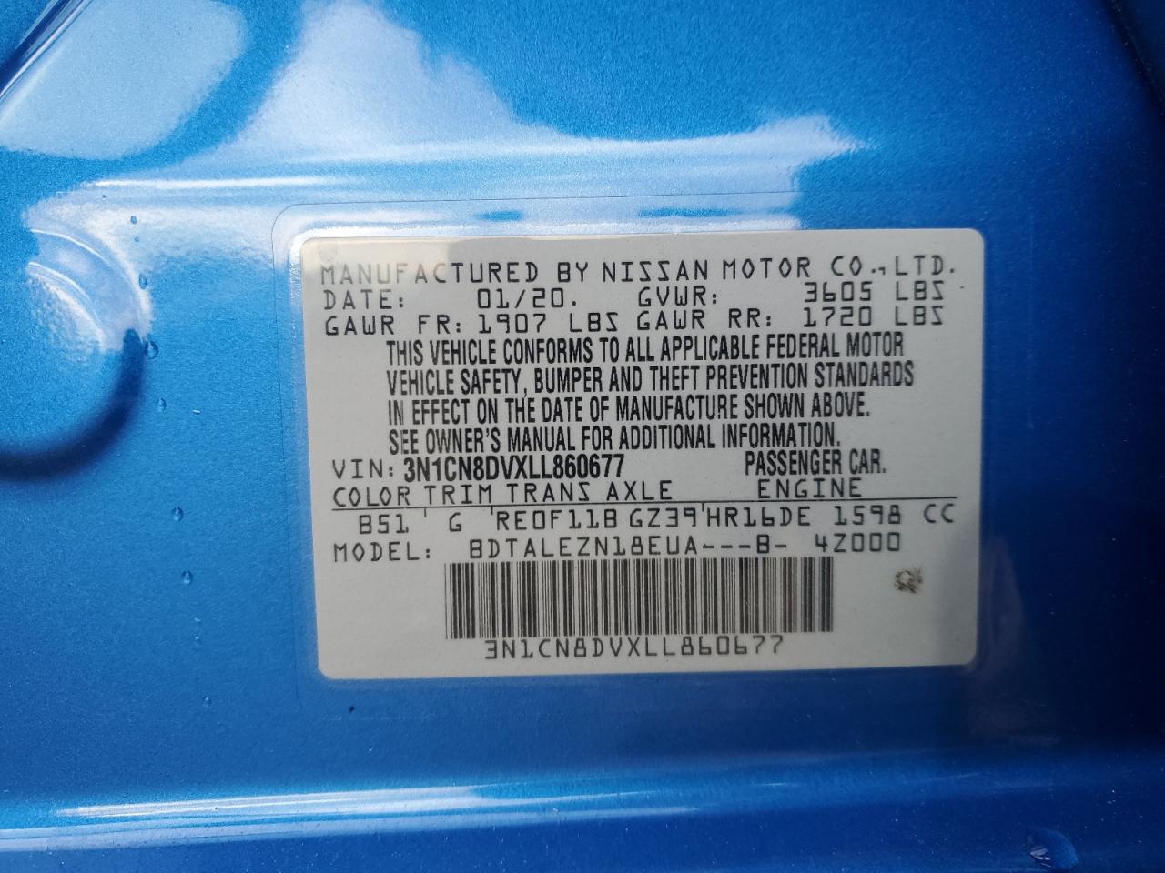 2020 Nissan Versa S VIN: 3N1CN8DVXLL860677 Lot: 93697625