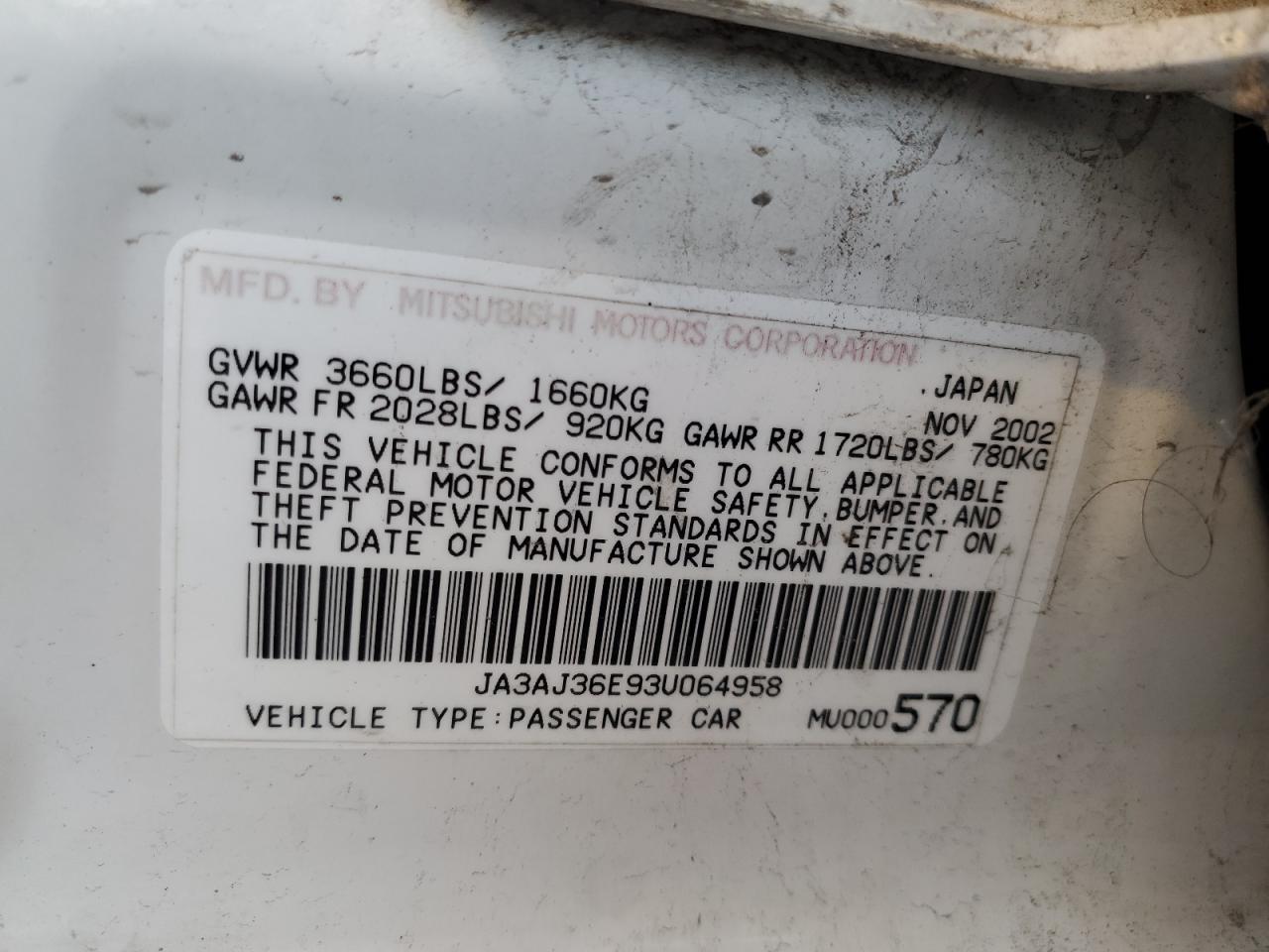 2003 Mitsubishi Lancer Ls VIN: JA3AJ36E93U064958 Lot: 93763655