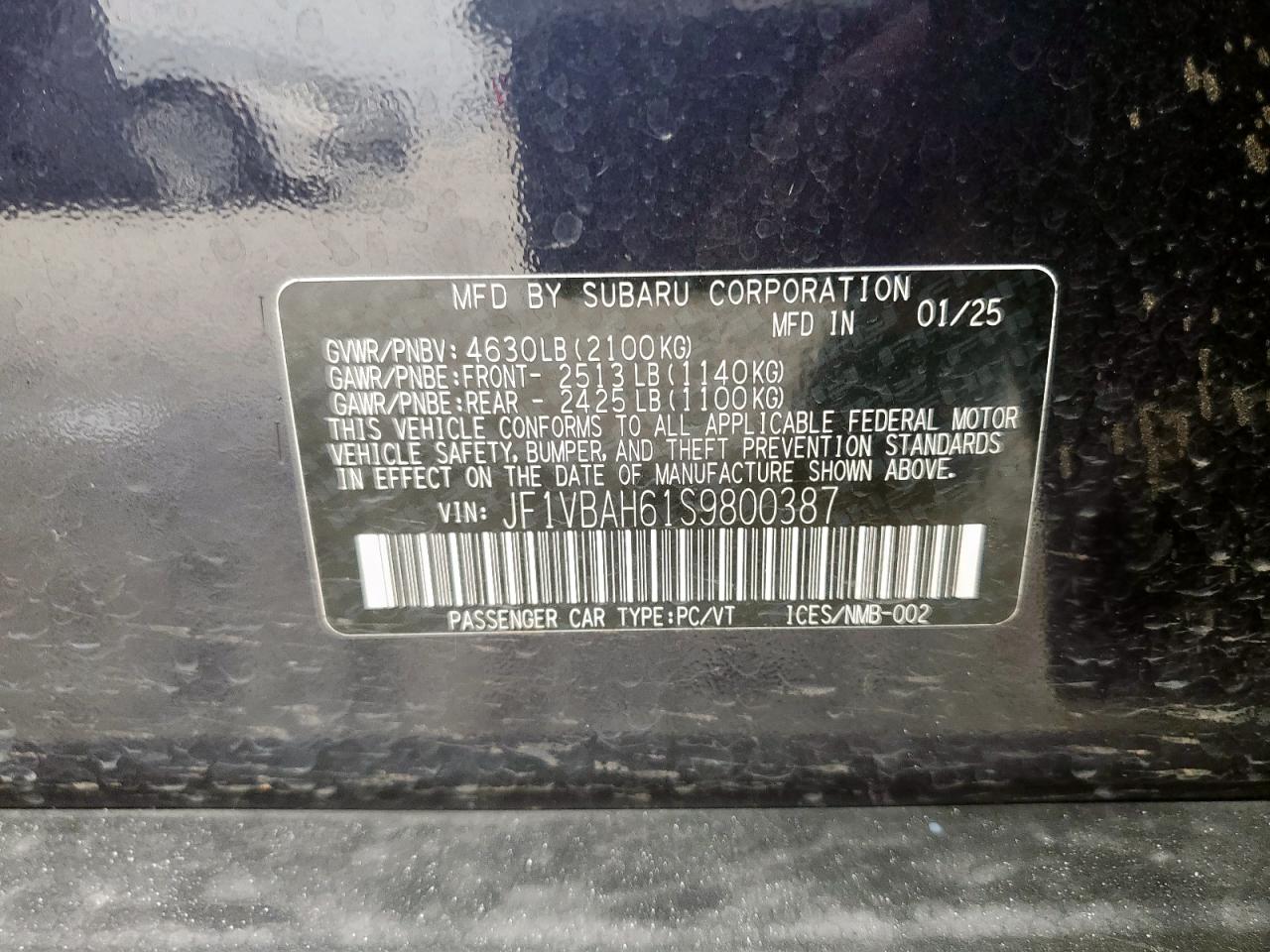 2025 Subaru Wrx Premium VIN: JF1VBAH61S9800387 Lot: 93286665