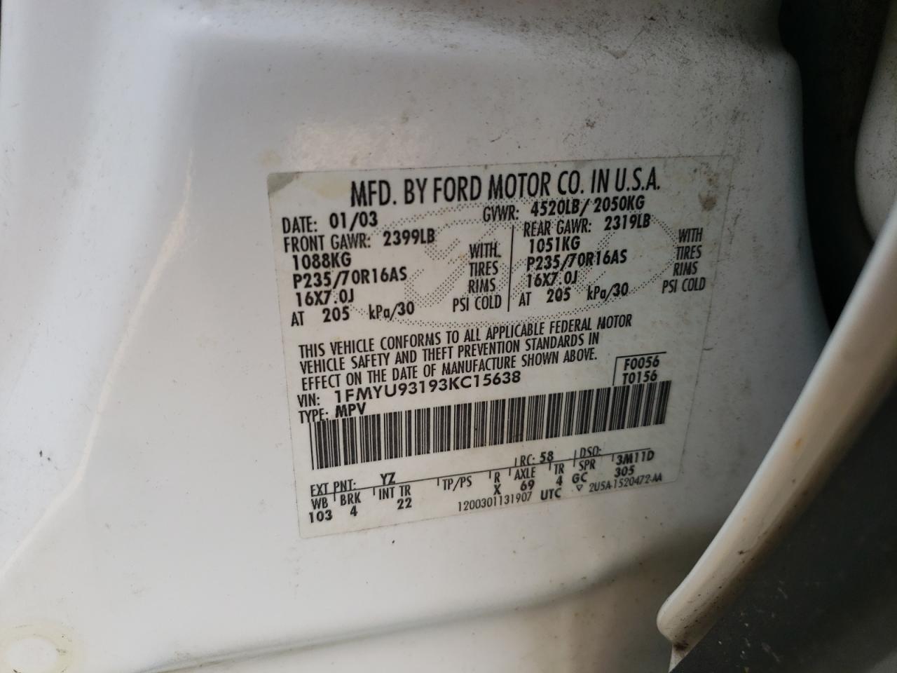 2003 Ford Escape Xlt VIN: 1FMYU93193KC15638 Lot: 91591615