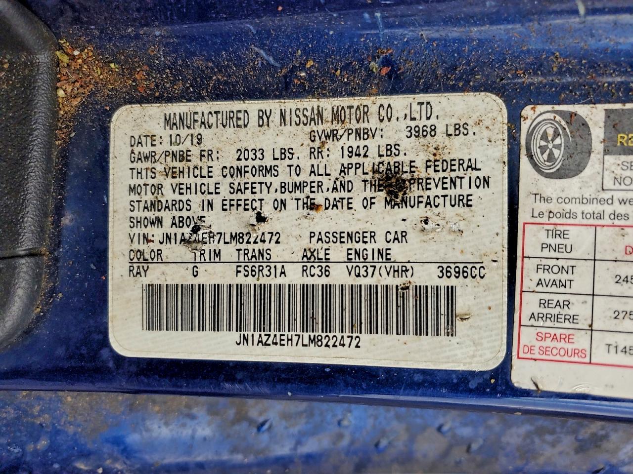 2020 Nissan 370Z Base VIN: JN1AZ4EH7LM822472 Lot: 93983245