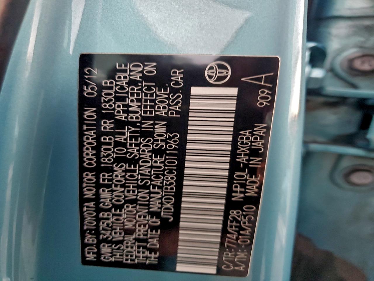 2012 Toyota Prius C VIN: JTDKDTB38C1011963 Lot: 92752435