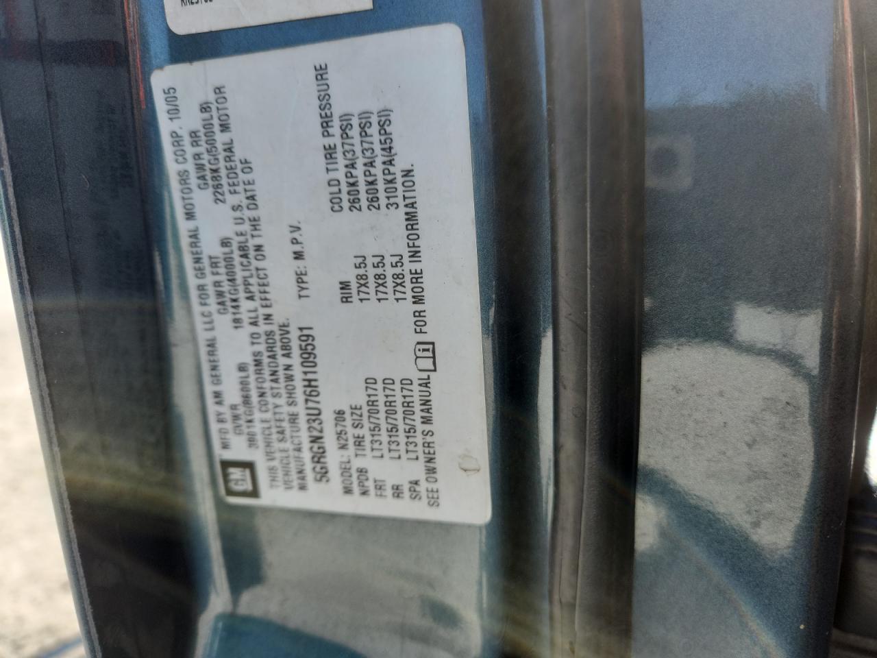 2006 Hummer H2 VIN: 5GRGN23U76H109591 Lot: 92932625