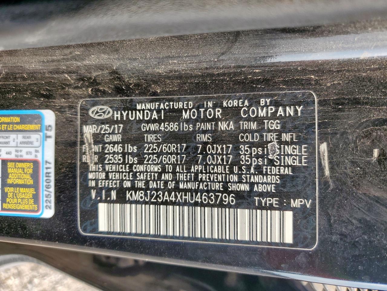 2017 Hyundai Tucson Se VIN: KM8J23A4XHU463796 Lot: 93227035