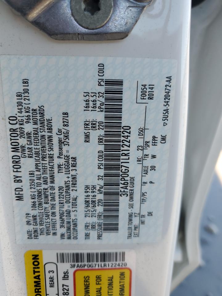 2020 Ford Fusion S VIN: 3FA6P0G71LR122420 Lot: 91125145