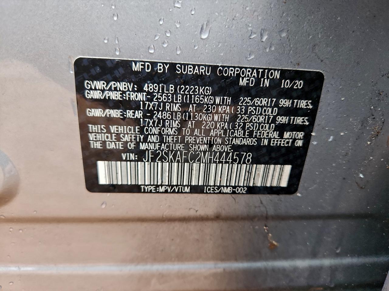 2021 Subaru Forester Premium VIN: JF2SKAFC2MH444578 Lot: 94064115