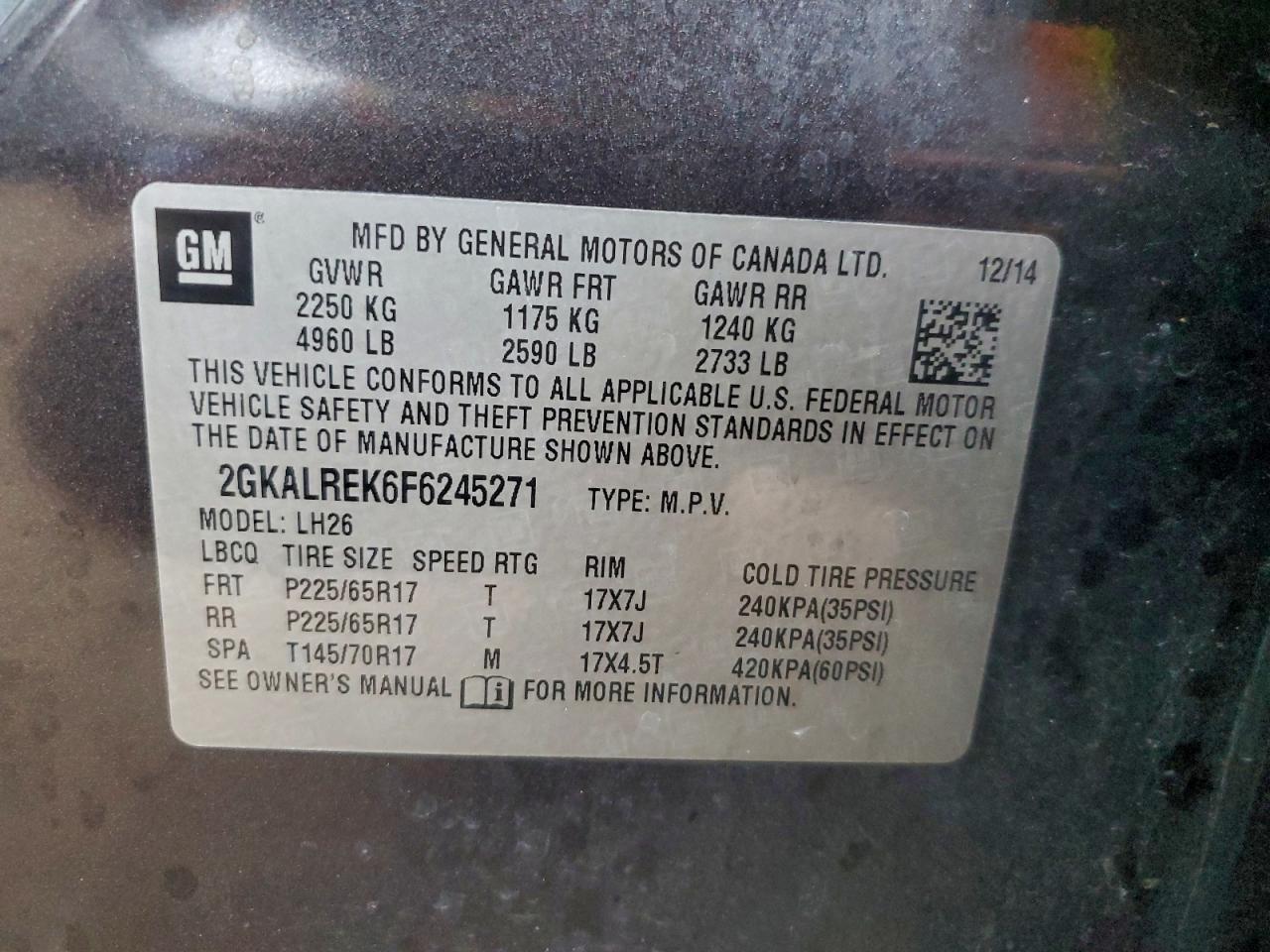 2015 GMC Terrain Sle VIN: 2GKALREK6F6245271 Lot: 94278465