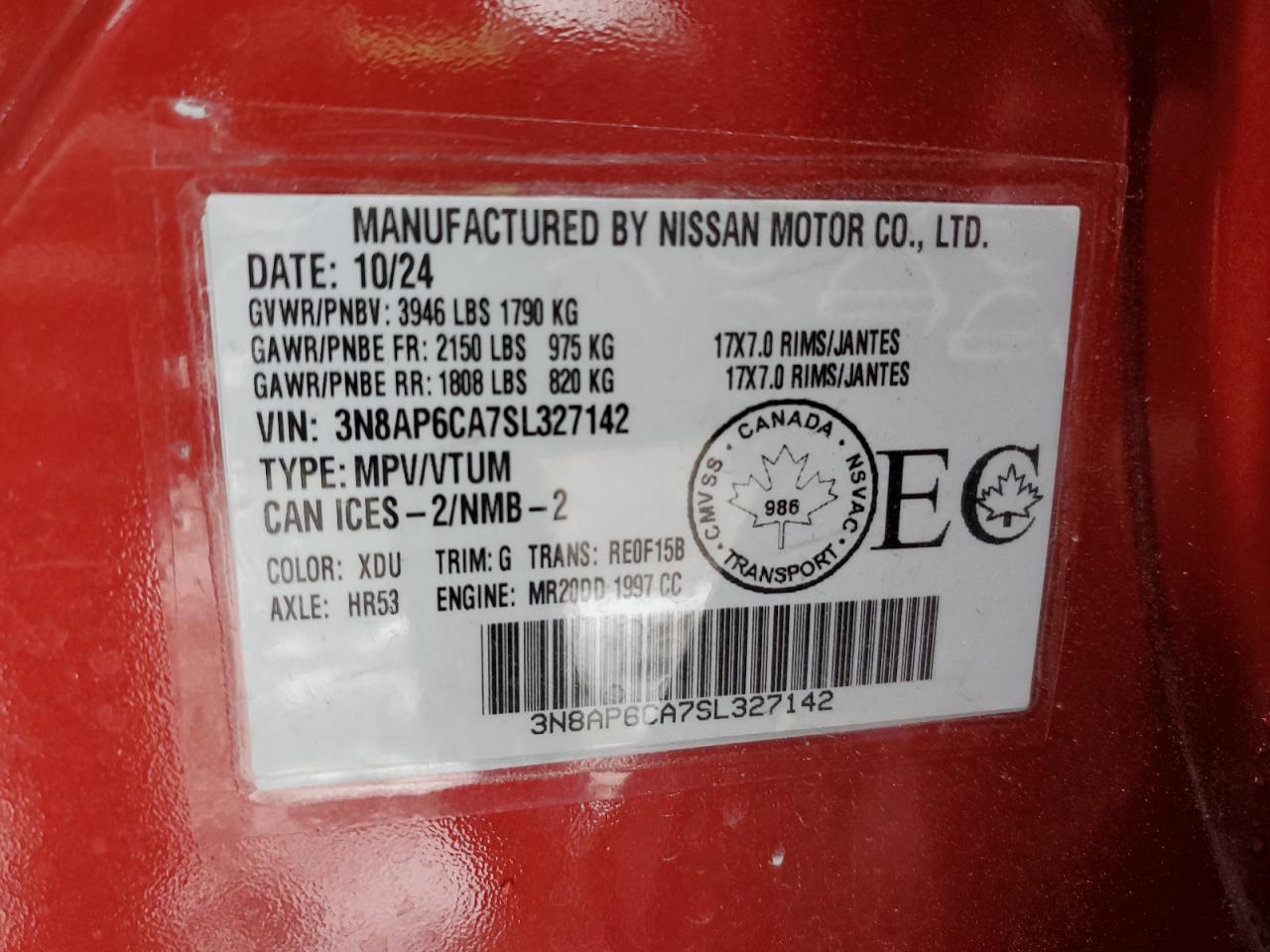 2025 Nissan Kicks Sv VIN: 3N8AP6CA7SL327142 Lot: 92314965