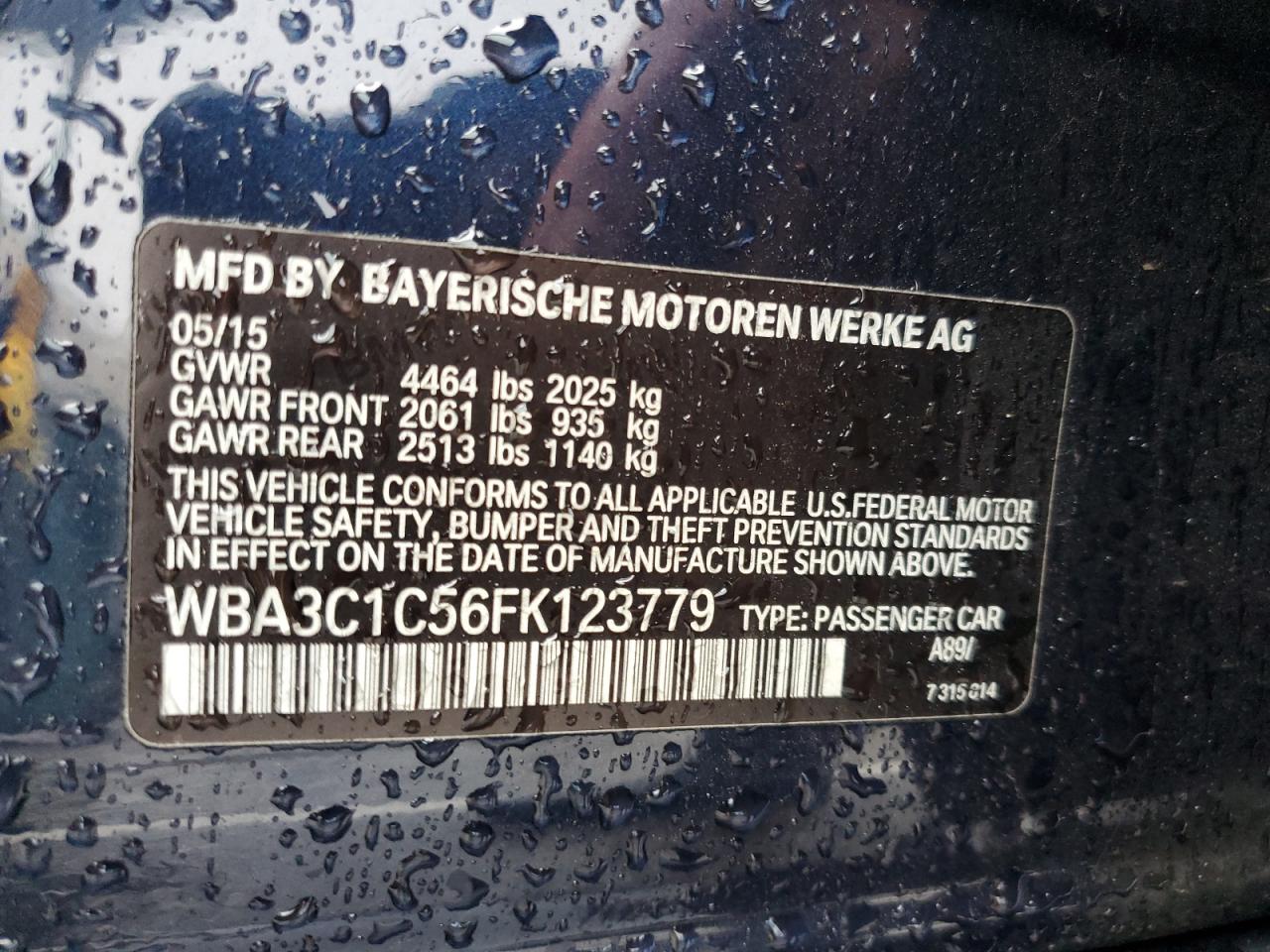 2015 BMW 328 I Sulev VIN: WBA3C1C56FK123779 Lot: 92255045