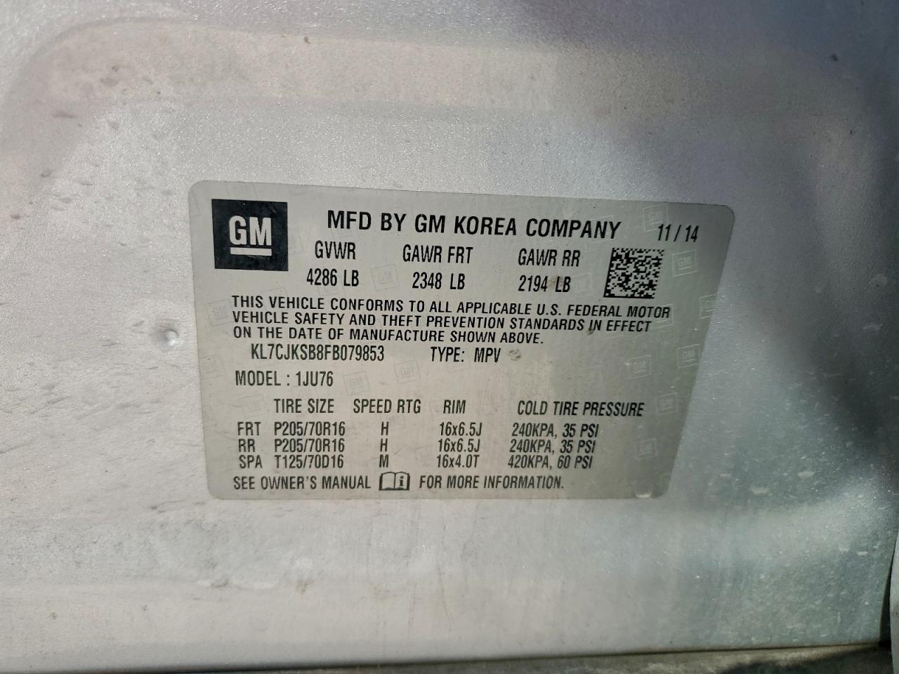 2015 Chevrolet Trax Ls VIN: KL7CJKSB8FB079853 Lot: 94598975