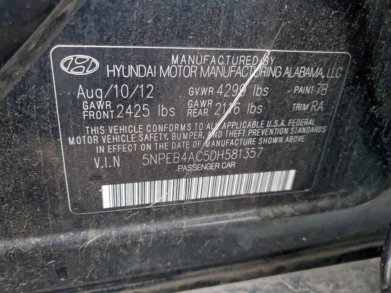 2013 Hyundai Sonata Gls VIN: 5NPEB4AC5DH581357 Lot: 93086135