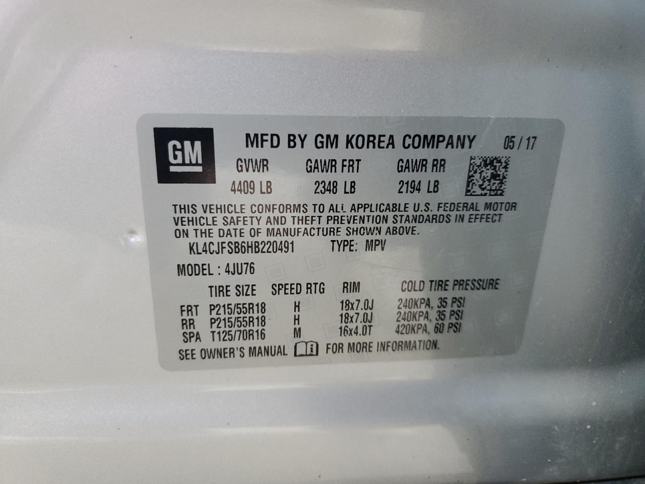 2017 Buick Encore Preferred Ii VIN: KL4CJFSB6HB220491 Lot: 93622245