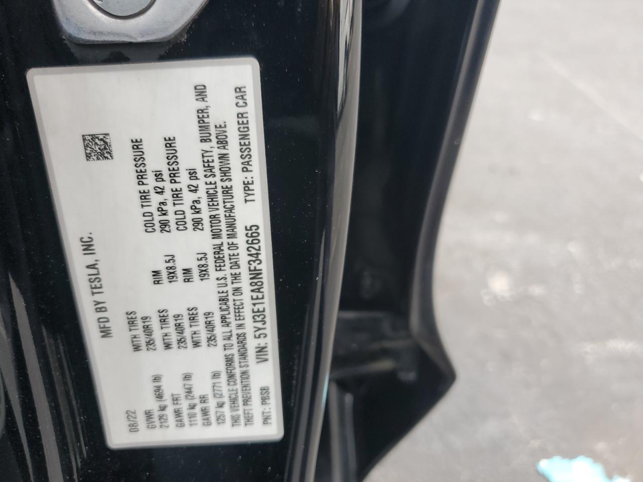 2022 Tesla Model 3 VIN: 5YJ3E1EA8NF342665 Lot: 91630325