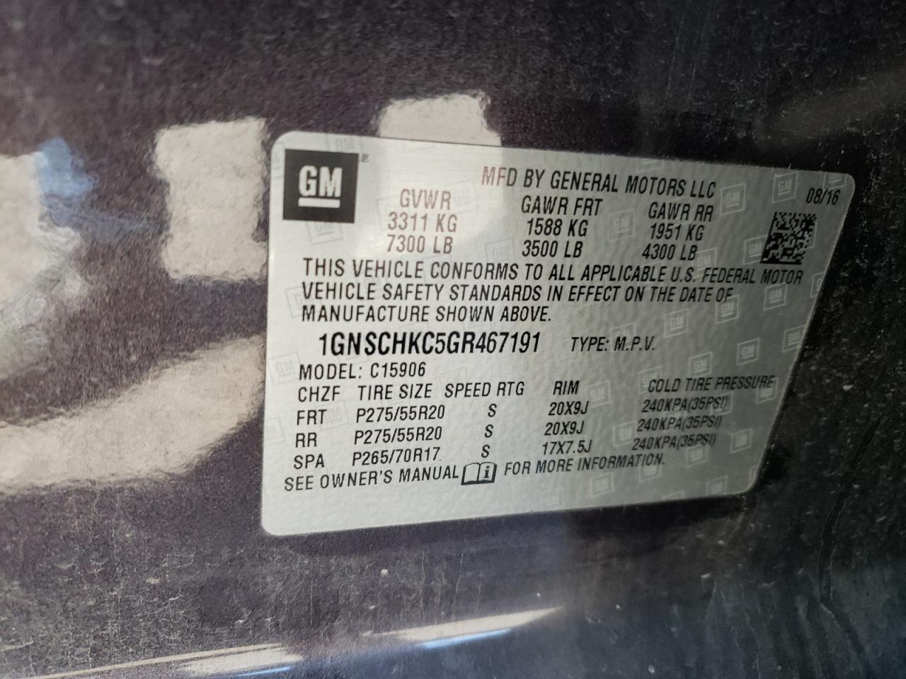 2016 Chevrolet Suburban C1500 Lt VIN: 1GNSCHKC5GR467191 Lot: 92852425