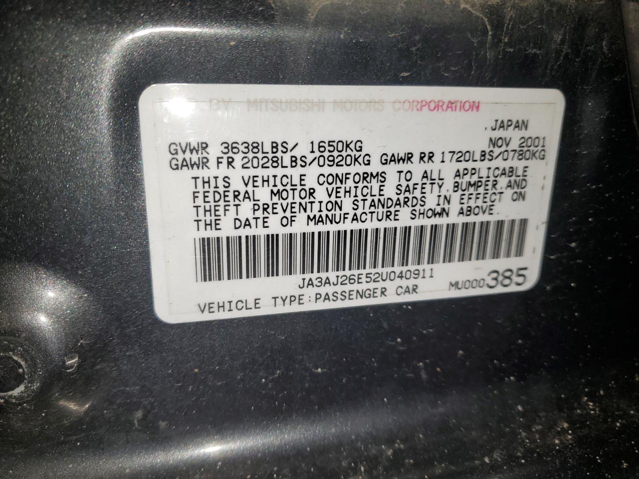 2002 Mitsubishi Lancer Es VIN: JA3AJ26E52U040911 Lot: 92168275