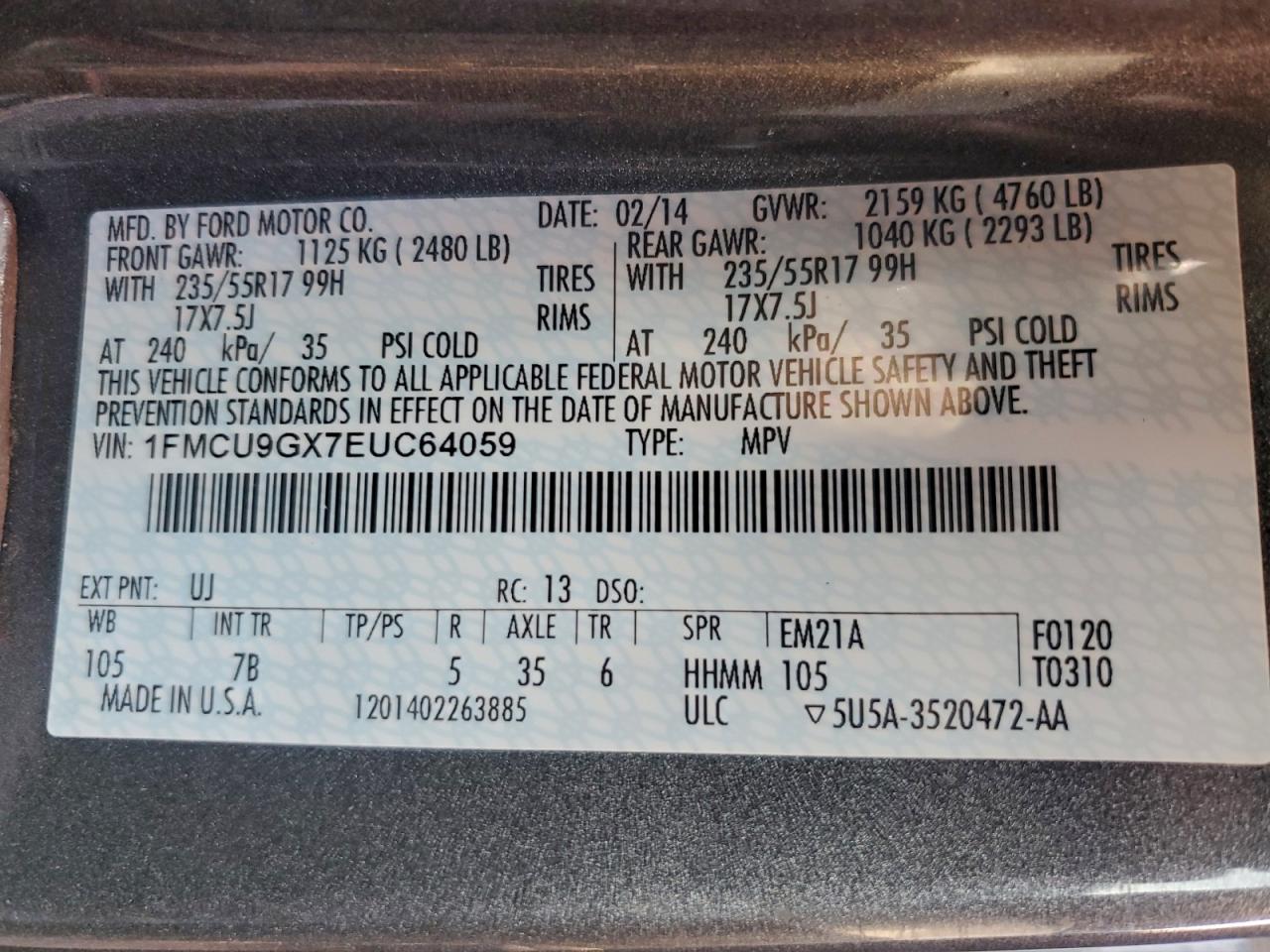 2014 Ford Escape Se VIN: 1FMCU9GX7EUC64059 Lot: 94135445