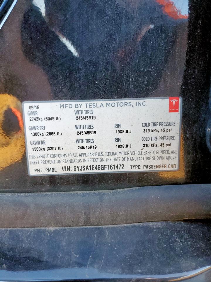 2016 Tesla Model S VIN: 5YJSA1E46GF161472 Lot: 91216905