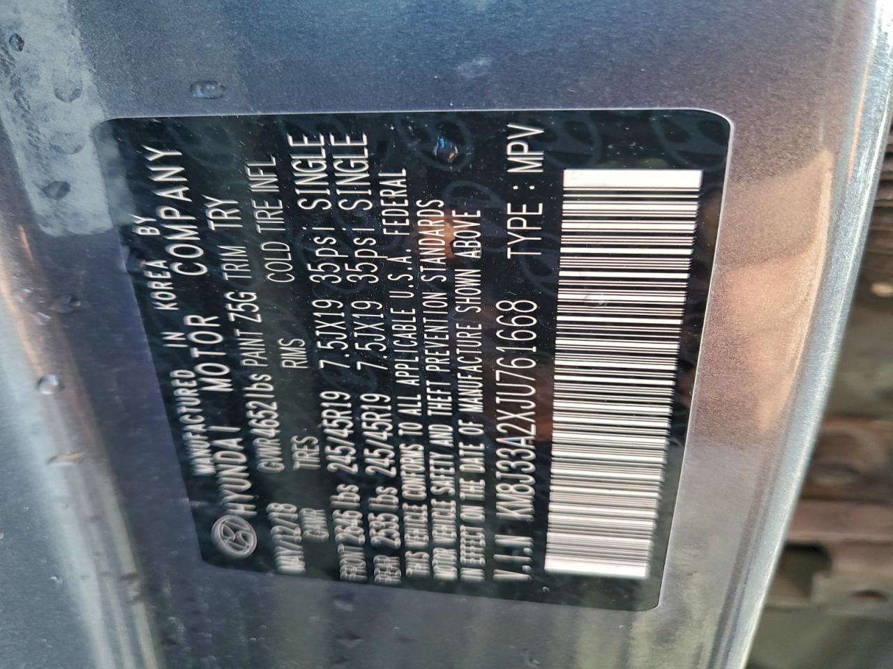 2018 Hyundai Tucson Value VIN: KM8J33A2XJU761668 Lot: 94462065