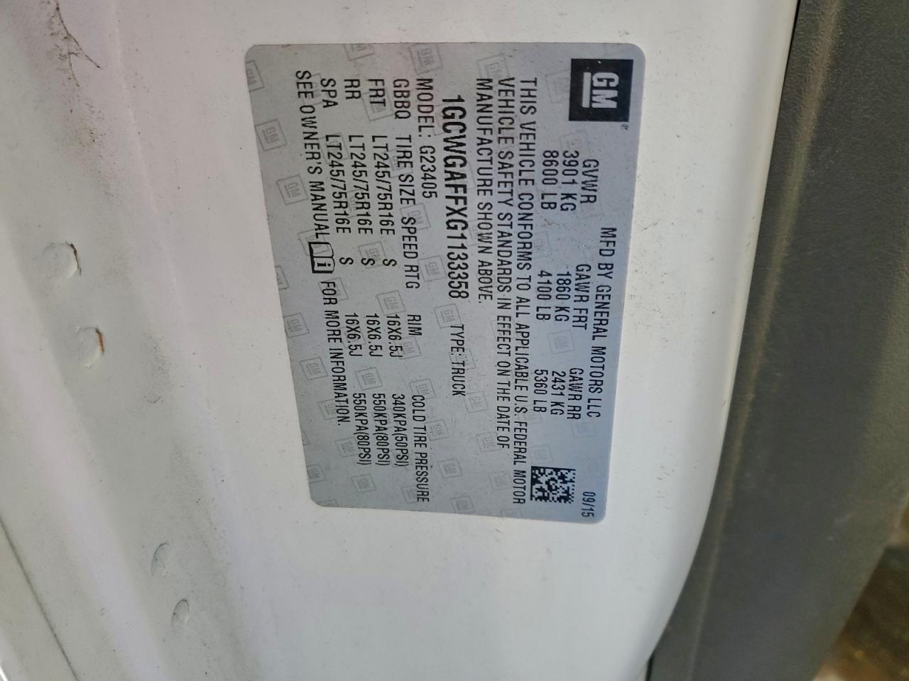 2016 Chevrolet Express G2500 VIN: 1GCWGAFFXG1133358 Lot: 94032825