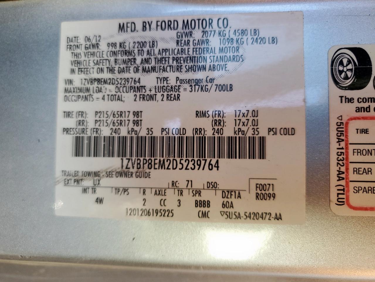 2013 Ford Mustang VIN: 1ZVBP8EM2D5239764 Lot: 92286805