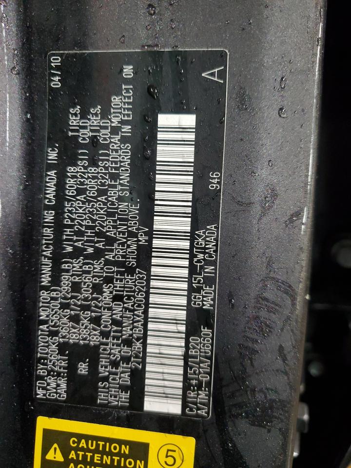 2010 Lexus Rx 350 VIN: 2T2BK1BAXAC062037 Lot: 92944505