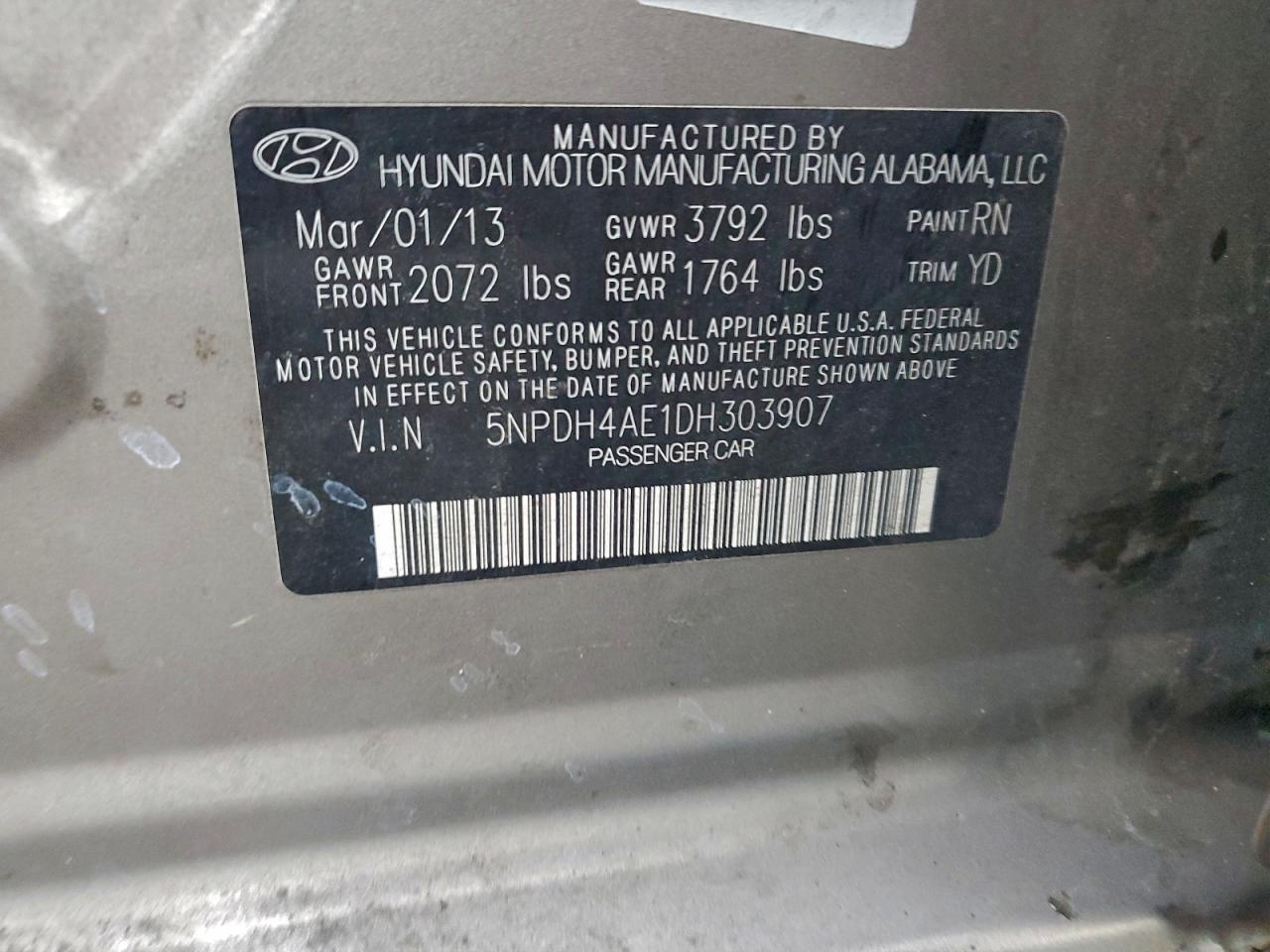 2013 Hyundai Elantra Gls VIN: 5NPDH4AE1DH303907 Lot: 94552305