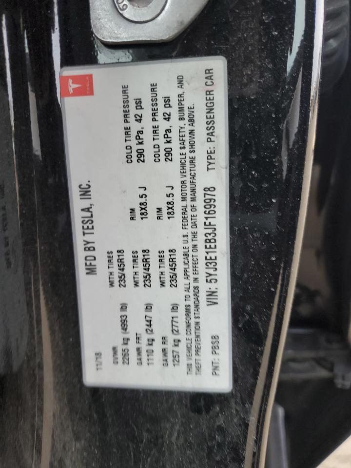 2018 Tesla Model 3 VIN: 5YJ3E1EB3JF169978 Lot: 92190985